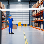 **

A small business owner smiles, looking at a graph showing a sharp decrease in costs. In the background, a modern warehouse scene with automated robots and optimized shelving. Overlaid on the image: AI icons, delivery truck icons, and a magnifying glass focusing on inventory. The overall feeling is positive and efficient.

**