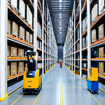Automated Warehouse Scene**

A modern, brightly lit automated warehouse in Japan, featuring AGVs (Automated Guided Vehicles) moving efficiently between shelves. Robotic arms are visible, picking and placing items. Workers in clean, professional uniforms monitor the system from a control panel. Include elements like Japanese characters on signage, indicating locations or instructions. Safe for work, appropriate content, fully clothed, professional. Perfect anatomy, correct proportions, natural pose, high quality.

**