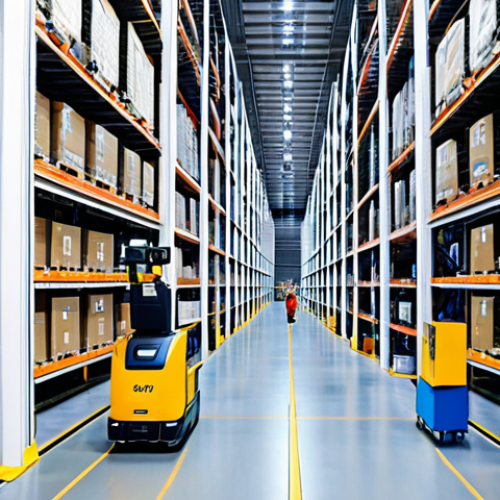Automated Warehouse Scene**

A modern, brightly lit automated warehouse in Japan, featuring AGVs (Automated Guided Vehicles) moving efficiently between shelves. Robotic arms are visible, picking and placing items. Workers in clean, professional uniforms monitor the system from a control panel. Include elements like Japanese characters on signage, indicating locations or instructions. Safe for work, appropriate content, fully clothed, professional. Perfect anatomy, correct proportions, natural pose, high quality.

**