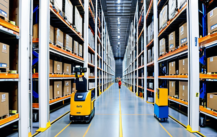 Automated Warehouse Scene**

A modern, brightly lit automated warehouse in Japan, featuring AGVs (Automated Guided Vehicles) moving efficiently between shelves. Robotic arms are visible, picking and placing items. Workers in clean, professional uniforms monitor the system from a control panel. Include elements like Japanese characters on signage, indicating locations or instructions. Safe for work, appropriate content, fully clothed, professional. Perfect anatomy, correct proportions, natural pose, high quality.

**