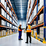 **Prompt:** A modern, well-organized smart logistics warehouse interior, showcasing AGVs (Automated Guided Vehicles) moving efficiently among fully stocked shelves. The scene features workers in appropriate attire using handheld devices for picking, with bright, optimized lighting illuminating the space. Emphasize data-driven "visualization" with digital displays showing real-time stock levels. Safe for work, appropriate content, fully clothed, professional, perfect anatomy, correct proportions, natural pose, high quality.