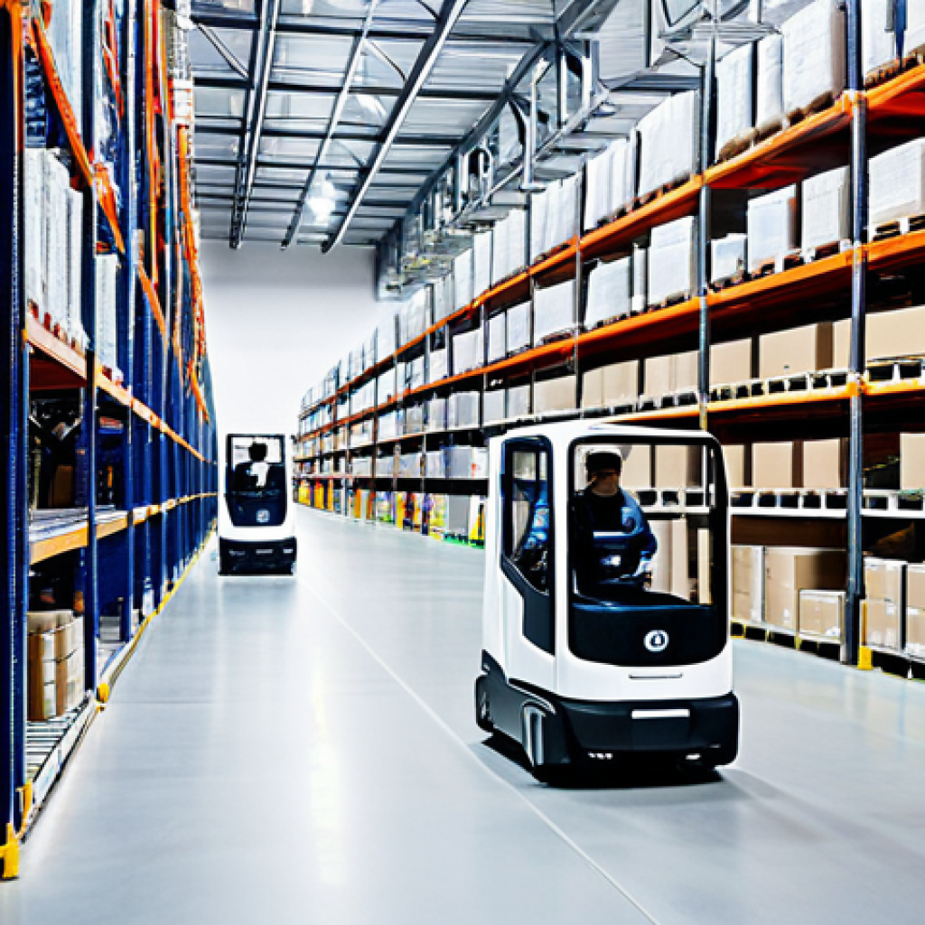 스마트물류 로봇 도입 사례 분석 - Modern Warehouse with Autonomous Mobile Robots (AMRs)**
"A bright, modern warehouse interior filled...