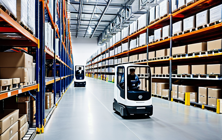 스마트물류 로봇 도입 사례 분석 - Modern Warehouse with Autonomous Mobile Robots (AMRs)**

"A bright, modern warehouse interior filled...