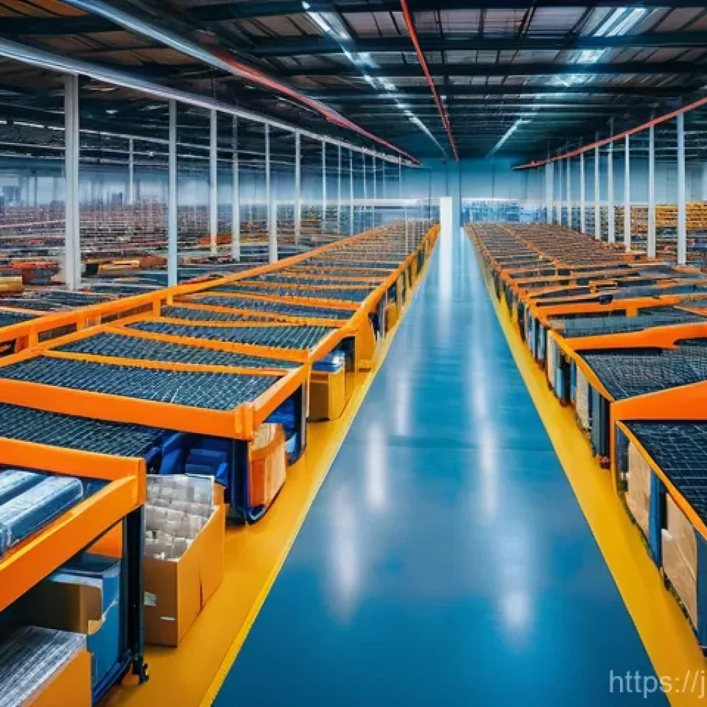스마트물류 배송 최적화 전략 - **Prompt:** A vibrant, futuristic logistics warehouse interior at dusk, showcasing seamless collabor...