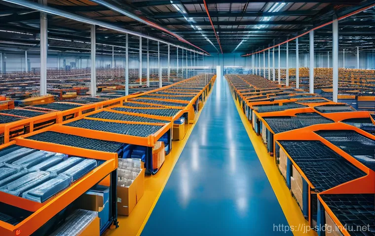스마트물류 배송 최적화 전략 - **Prompt:** A vibrant, futuristic logistics warehouse interior at dusk, showcasing seamless collabor...