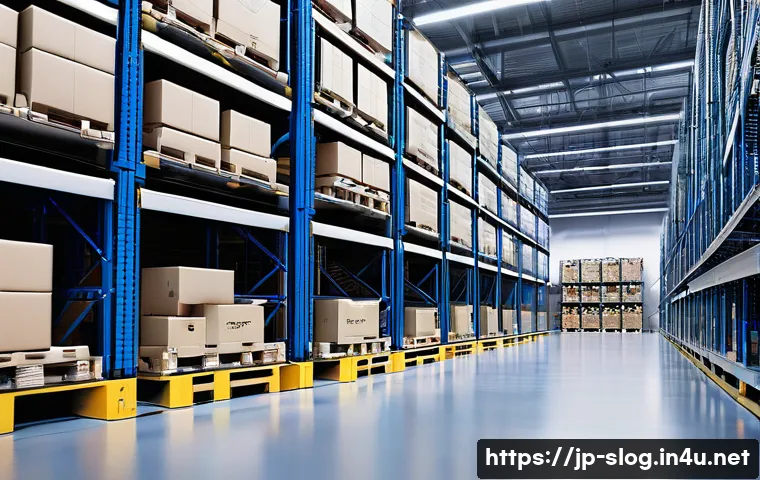 스마트물류 업계 현직자 인터뷰 - **Prompt 1: Futuristic Smart Warehouse Robotics**
    A wide-angle, brightly lit shot inside a large...