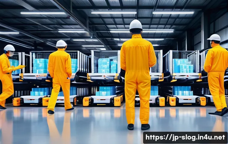 스마트물류 물류 자동화의 장단점 - **Prompt:** A vibrant, ultra-modern logistics warehouse at dawn, bathed in soft, bright, artificial ...