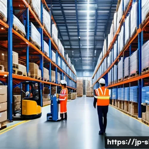 스마트물류 실무 도구와 소프트웨어 - A modern Japanese warehouse interior bustling with activity, featuring workers wearing smart casual ...