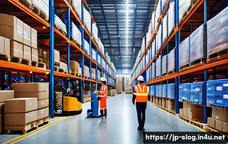 스마트물류 실무 도구와 소프트웨어 - A modern Japanese warehouse interior bustling with activity, featuring workers wearing smart casual ...