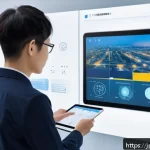 스마트물류 자격증 강의 교재 비교 - A modern digital logistics training scene showing a young Japanese professional studying with a tabl...