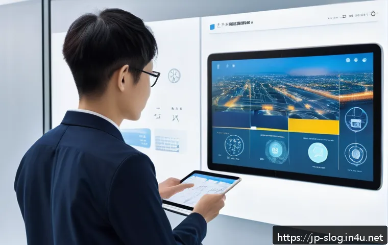 스마트물류 자격증 강의 교재 비교 - A modern digital logistics training scene showing a young Japanese professional studying with a tabl...