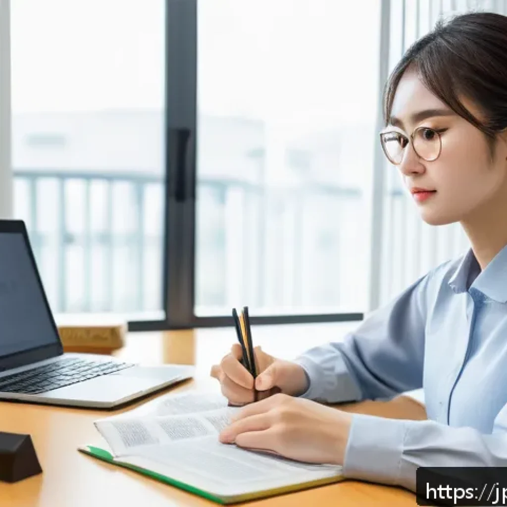 스마트물류 자격증 응시료와 비용 - A modern Japanese office scene featuring a young professional woman studying for the Smart Logistics...