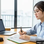 스마트물류 자격증 응시료와 비용 - A modern Japanese office scene featuring a young professional woman studying for the Smart Logistics...