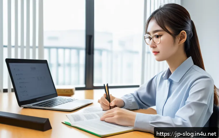 스마트물류 자격증 응시료와 비용 - A modern Japanese office scene featuring a young professional woman studying for the Smart Logistics...