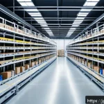 스마트물류 전문 자격증의 중요성 - A modern Japanese smart logistics warehouse interior featuring automated shelving systems and roboti...