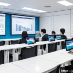스마트물류 자격증 학원 선택 팁 - A modern classroom scene in a Japanese logistics training academy, featuring a diverse group of adul...