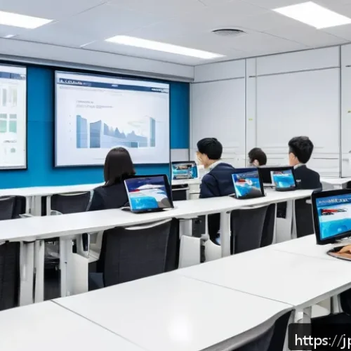 스마트물류 자격증 학원 선택 팁 - A modern classroom scene in a Japanese logistics training academy, featuring a diverse group of adul...