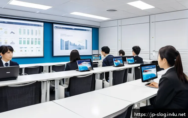 스마트물류 자격증 학원 선택 팁 - A modern classroom scene in a Japanese logistics training academy, featuring a diverse group of adul...