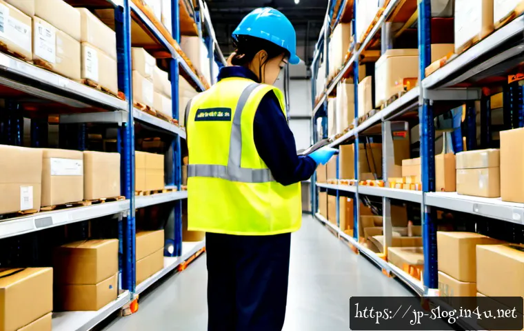 스마트물류 실기 시험 주의사항 - Photorealistic smart logistics practical exam setting in a clean Japanese vocational training wareho...