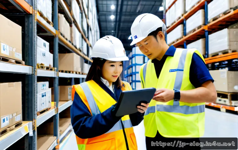 스마트물류 실무 워크숍 후기 - Photorealistic smart logistics workshop in a modern Japanese distribution center, diverse adult prof...